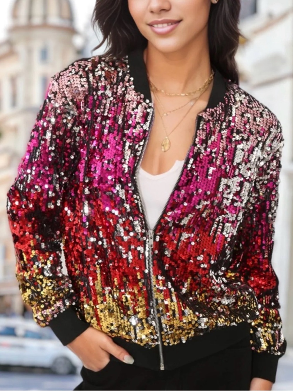 Forever 21 Pink & Gold Sequin Bomber Jacket